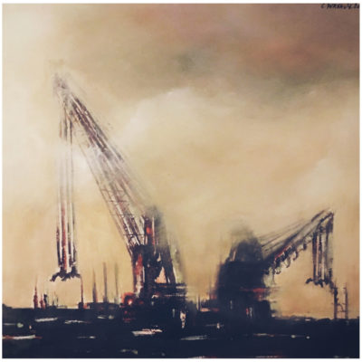 "Grues portuaires dans le brouillard"