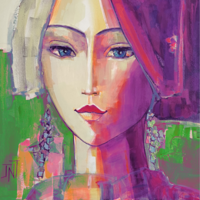 "Portrait en rose et vert"