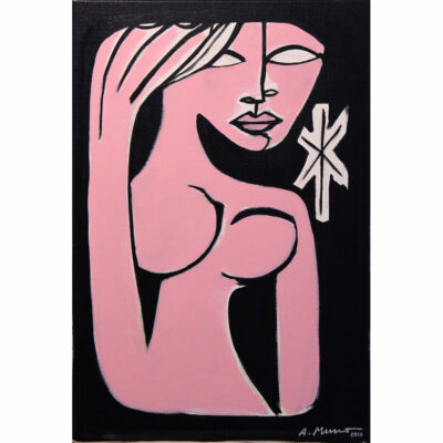 "P: Femme avec la main dans les cheveux rose"
